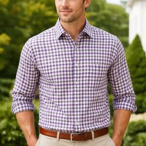 Peter Millar SZ M 100% Soft Cotton Plaid Button Down Shirt Purple Brown Orange